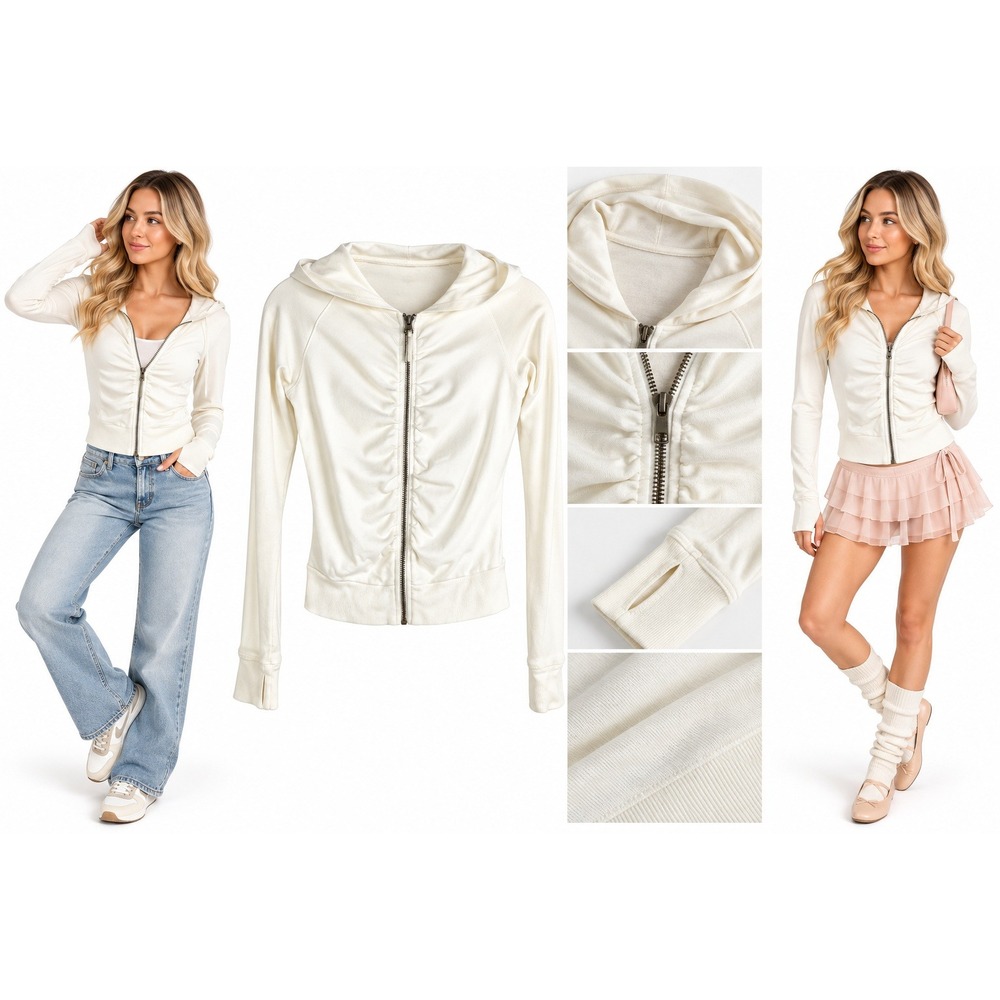 One Step Up Hoodie S Cream Ruched Full Zip Thumbhole Y2K Balletcore Coquette Top